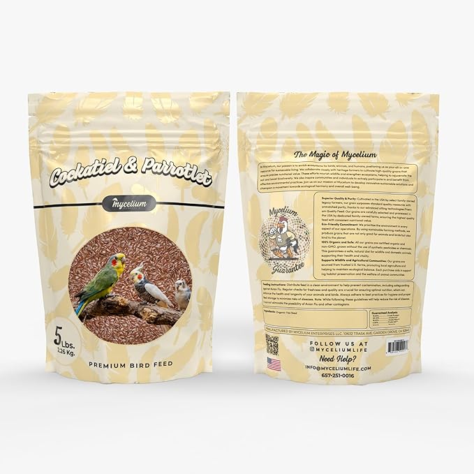 Mycelium Premium Flax Seed – Organic, Non-GMO, High Nutritional Value Bird Food for Cockatiels and Parrotlets, Sourced from Local USA Farms, Sustainable Farming, 5 lbs