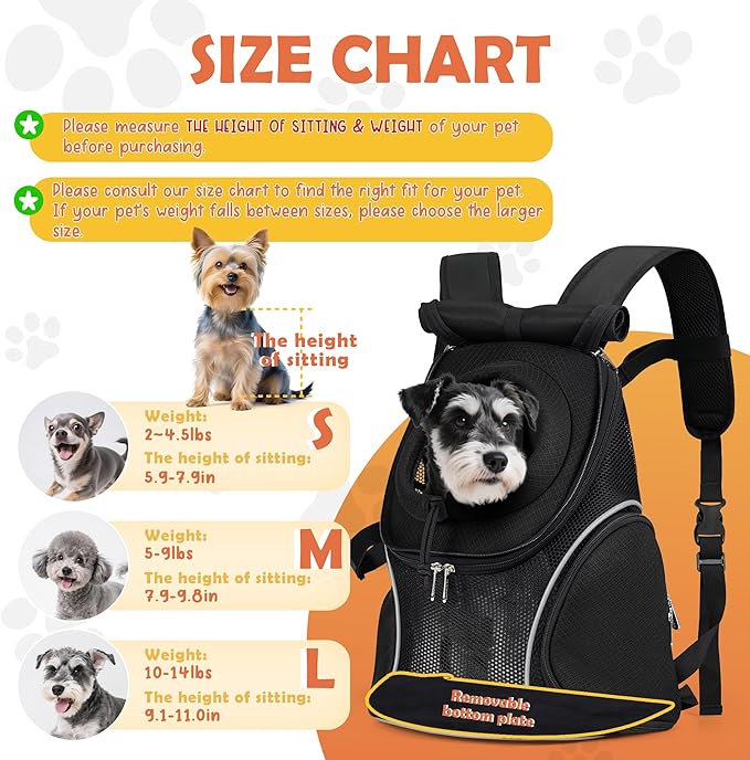 WOYYHO Pet Dog Carrier Backpack with Top and Side Windows, Small Dog Front Backpack Ventilated Mesh Dog Back Pack with Safety Belt for Travel Hiking Outdoor Adventures (Size M: 5-9 lbs, Black 2.0)
