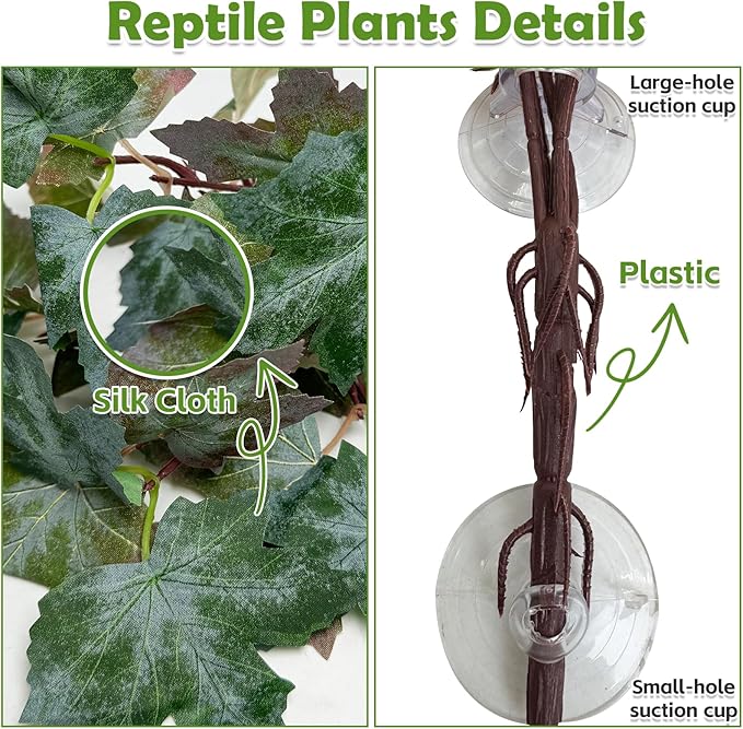 kathson Reptile Terrarium Plants Hanging Artificial Plants Lizards Habitat Decorations with Suction Cups Pets Tank Fake Green Plastic Silk Cloth Ornament for Amphibians Bearded Dragon(4PCS, Style B