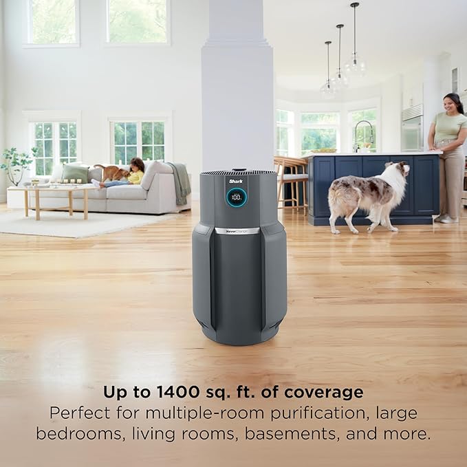 Shark Air Purifier for Home, NeverChange Max, 1,300 sq. ft. for Large Room, Kitchen, Home Office, HEPA-Exceeding Filter, Captures Pollutants, Pet Dander, Dust, Odor, Smoke, and More, HP301, Grey