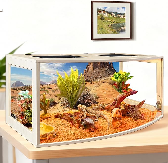 PROLEE Bearded Dragon Tank, Curved Reptile Enclosure with 3-Side Clear Acrylic Panels, Spacious Lizard Tank with Metal Mesh Top and Lockable Door for Reptile Habitat (Oak, 40" Length,60 Gallons)