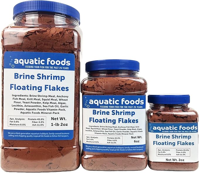 Aquatic Foods Inc. Brine Shrimp Flakes for All Freshwater Fish, All Marines, Tangs, Butterflies, Angelfish, Anthias, Clown Fish Also Pellet Mix, Wafer Mix Included…1-lb 2oz Jar
