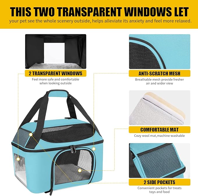 Large Cat Carrier for 2 Cats, Oeko-TEX Certified Soft Side Pet Carrier for Dog, Collapsible Travel Small Dog Carrier, TSA Airline Approved Cat Carrier for Large Cats 20 lbs (Blue)