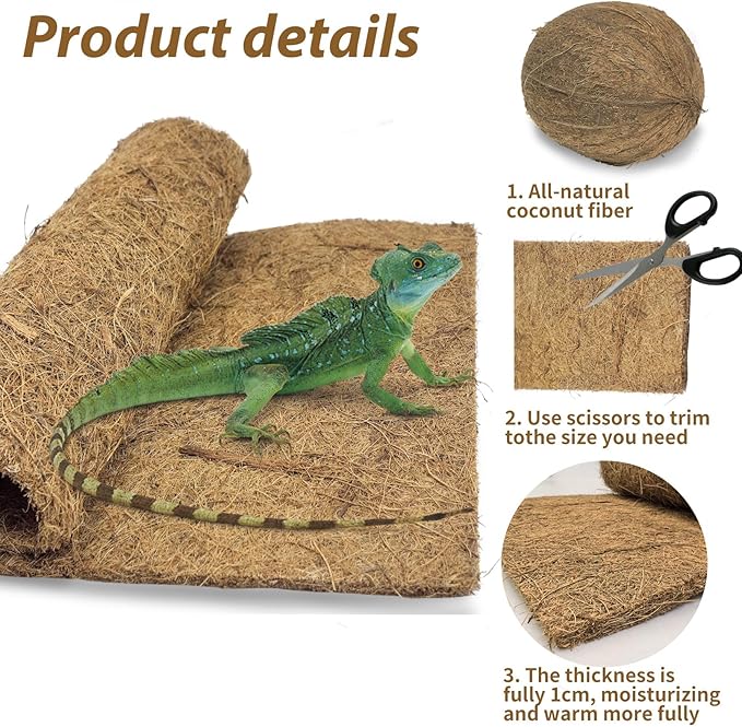 PIVBY 2 PCS Reptile Carpet, Natural Coco Coir Mat (19.6" x 11.7"), Coconut Fiber Substrate Pet Terrarium Liner for Bearded Dragon Tortoise Habitat Lizards Turtles Snakes Iguana Hermit Crab