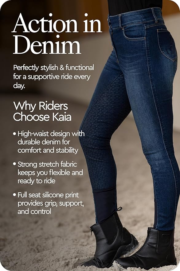 HORZE Kaia Womens Denim Horse Riding Pants | High Waist Silicone Full Seat Breeches | Accurate Size Chart