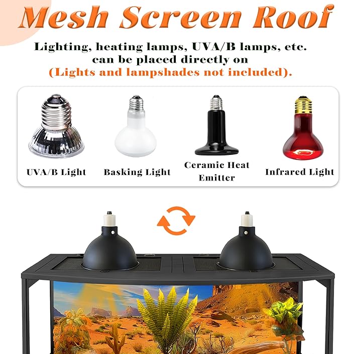 PROLEE Bearded Dragon Tank, Curved Reptile Enclosure with 3-Side Clear Acrylic Panels, Spacious Lizard Tank with Metal Mesh Top and Lockable Door for Reptile Habitat (Black, 40" Length,60 Gallons)