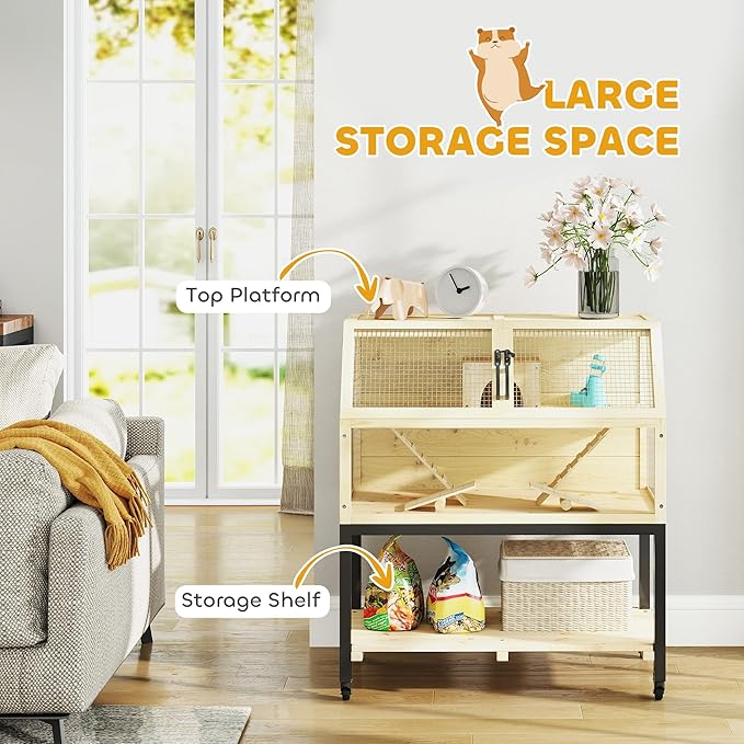 PawHut Hamster Cage with Storage Shelf, Wooden Rat Cage on Wheel, Small Aniaml Cage with Seesaws, Water Bottle, Hut & Ramps, for Dwarf, Gerbil, Syrian Hamster, Mouse, 34" L x 17" W x 40" H
