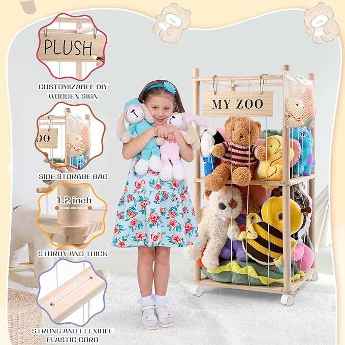 Stuffed Animal Storage Zoo with Wheels, Wooden Stuffed Animal Organizer with Elastic Cords, Space Saving Toy Plushies Storage Holder for Playroom, Bedroom, Living Room(Burlywood, Small)