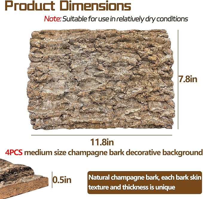 Hamiledyi Cork Terrarium Background 11.8x7.9in 4PCS Natural Reptile Cork Bark Flats Terrarium Board Bearded Dragon Climbing Wall Mat Tank Decor for Lizard Chamelon Snake Turtle Spider Crested Gecko