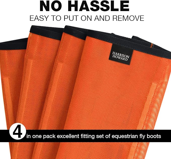 Harrison Howard Loose Fitting Fly Boots UV-Protective Extra Tough Mesh Ventilated Four Fasteners Stay-on Design Protect Horse Legs & Stomp-Reducing Set of 4 Orange Yearling