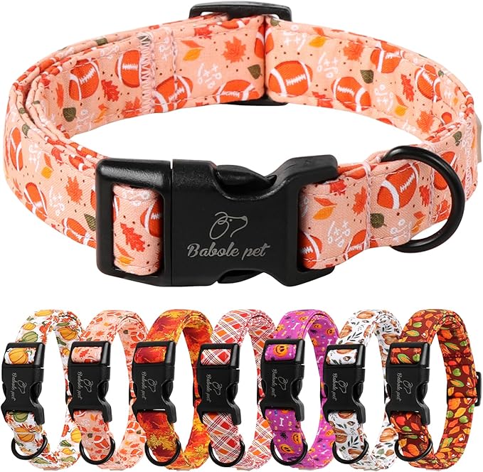 Fall Dog Collar, Cute Football Pattern Puppy Collar, Orange Adjustable Cotton Holiday Tanksgiving Dog Collars for Small Medium Large Boy&Girl Dogs XS