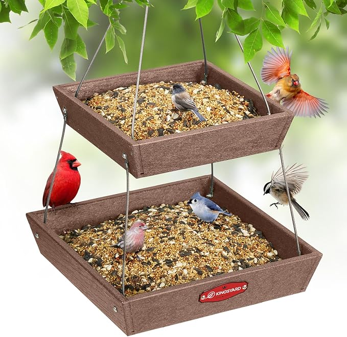 Kingsyard 2 Tier Large Platform Bird Feeders for Outdoors Hanging, 5 lbs Capacity Recycled Plastic Flat Mealworm Bird Feeder Tray, Garden Decoration Attracting Cardinal Blue Jay, Brown