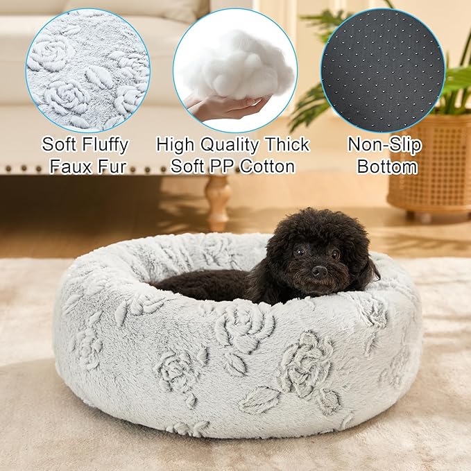 Dog Calming Beds for Small Medium Large Dogs - Round Donut Washable Puppy Dog Bed, Anti-Slip Faux Fur Fluffy Donut Cuddle Anxiety Cat Pet Bed (24" Rose)