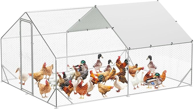 Large Metal Chicken Coop Run,Outdoor Walk-in Cage Peak Hen House with Waterproof and Anti-Uv Cover,Spire Roof Hen House with Security Lock for Outdoor,Backyard and Farm, 9.8 x 13.1 x 6.6 ft