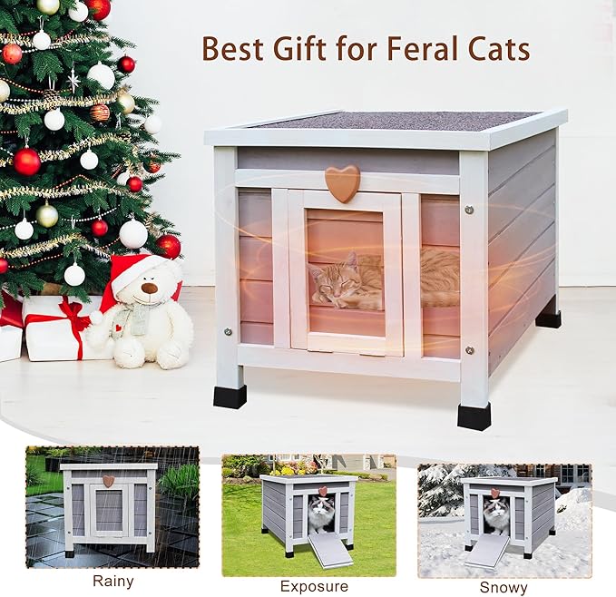 Rockever Outdoor Cat House, Insulated Outdoor Cat House with Warm Liner for Winter, Weatherproof Rabbit Hutch Bunny Cage, Wooden Outside Shelter for Feral Cats, Rabbits