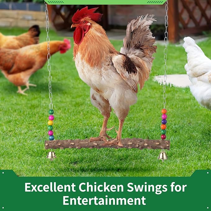 2PCS Chicken Bird Swings - Natural Wooden Swing Toys with Wooden Stands for Chickens, Hens & Parrots