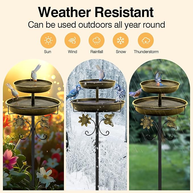 Daoeny Bird Bath for Outside, 42In Vintage Freestanding Birdbaths for Outdoors, Double Metal Bird Bath Feeder Bowls for Garden Patio Yard Lawn Decor, Upgraded 5-Pronged Base (Antique Golden)