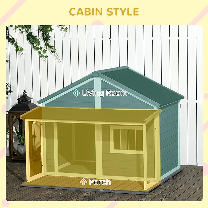 PawHut Outdoor Dog House Cabin Style, Wooden Raised Pet Kennel with Asphalt Roof, Front Door, Side Window, Porch for Medium and Large Dogs, Gray