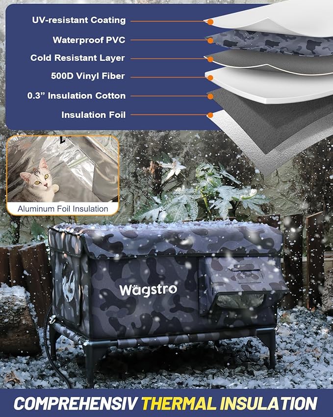 Heated Cat House for Outside, Insulated Weatherproof Heated Outdoor Cat House with Waterproof Eaves & Escape Door, Elevated Outdoor Cat Shelter for Feral Stray Cat (Black Camo, 25.6"x16.5"x18")