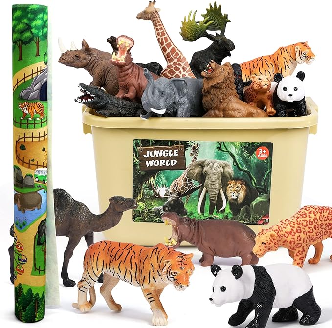FRUSE Safari Animals Figures Toys w/ 57”x38.5”Jumbo Play Mat,12PCS Realistic Jungle Wild Zoo Animals Figurines Playset with Panda,Lion,Elephant,Educational Learning Toys for Toddlers Kids