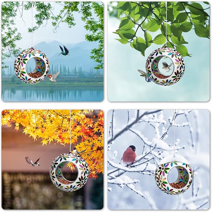 VCUTEKA Bird Feeder for Outside Hanging with Round Shape Glass Container to Attract More Wild Birds, Mosaic Fly Through for Garden, Yard, Backyard, Deck and Porch Decor, 7-Inch