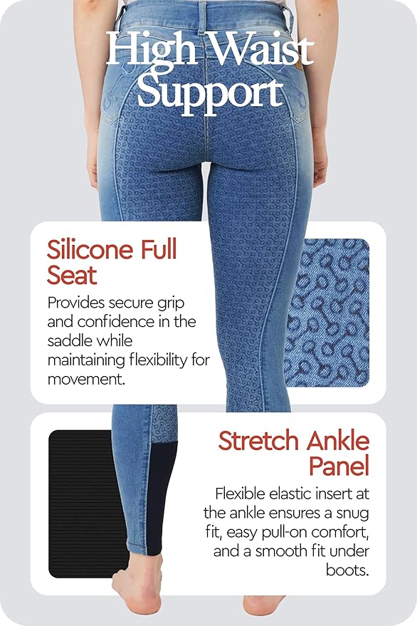 HORZE Kaia Womens Denim Horse Riding Pants | High Waist Silicone Full Seat Breeches | Accurate Size Chart