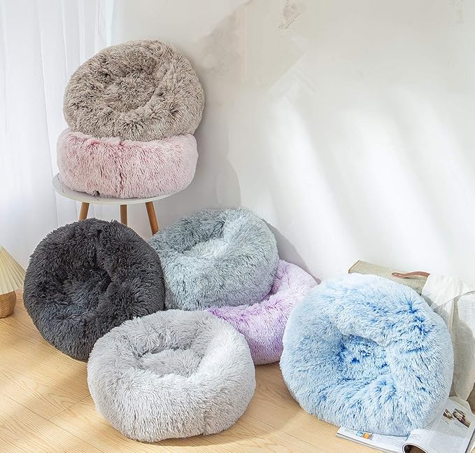 Donut Bed Medium Size Dog, Calming Soft Round Cuddler Dog Beds Fluffy Plush Faux Fur Pet Beds (24", Light Grey)
