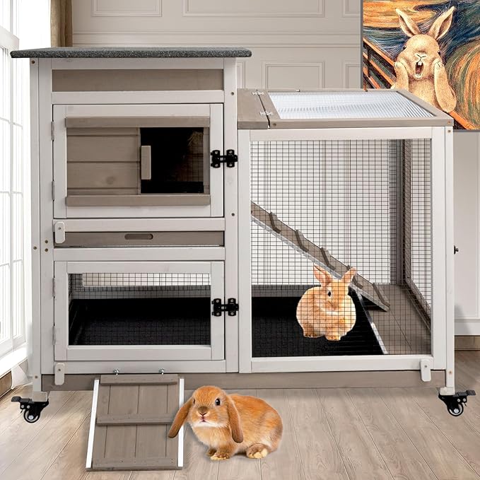 PetsCosset Rabbit Hutch Indoor 40" L Large 2 Story Outdoor Wooden Bunny Hutch with Run, 4 Metal Wheels & 2 Deeper Trays, UV-Proof Panel Rabbit Cage Guinea Pig Pet House for Small-Medium Animals