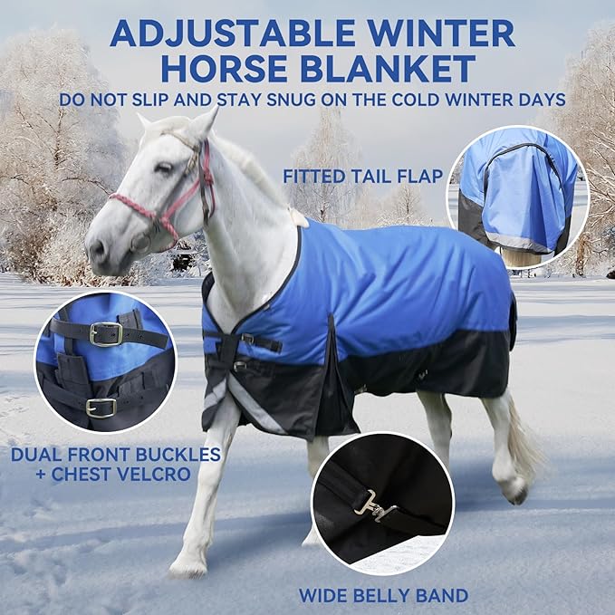 72” Winter Horse Blanket, 1200D Waterproof Poly Horse Turnout Blanket, Tear-Resistant Warmth Horse Blanket with Snuggit 220G Filling, Breathable Thick Turnout Blankets for Horse