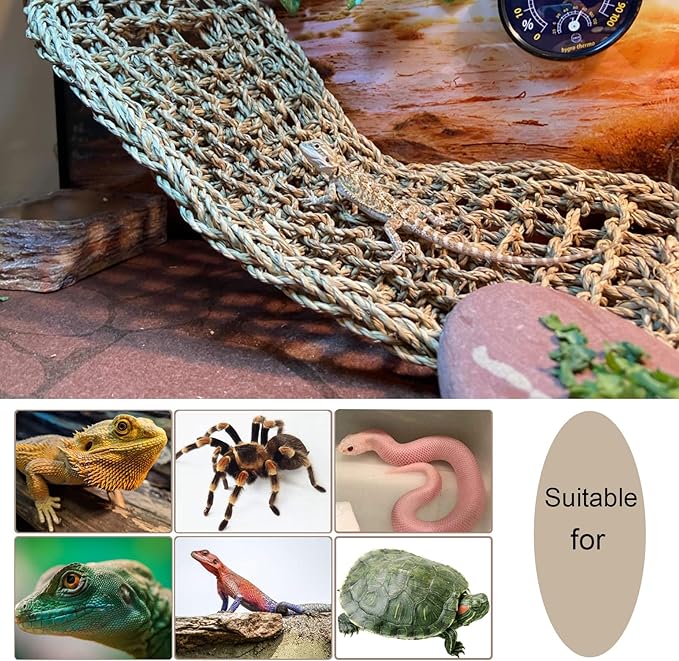 Bearded Dragon Tank Hammock,Natural Seagrass Reptile Lounger Hammocks Decor Flexible Leaves Jungle Climber Vines Habitat Accessories for Lizard Chameleon Gecko Snakes(5 PCS)