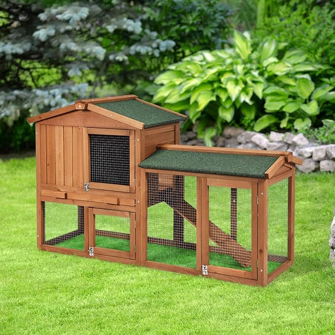 Tangkula Rabbit Hutch Indoor and Outdoor, 58-Inch Bunny Cage with Removable Tray & Ramp, Wood Chicken Coop with Waterproof Roof for Rabbits, Chicken and Guinea Pigs