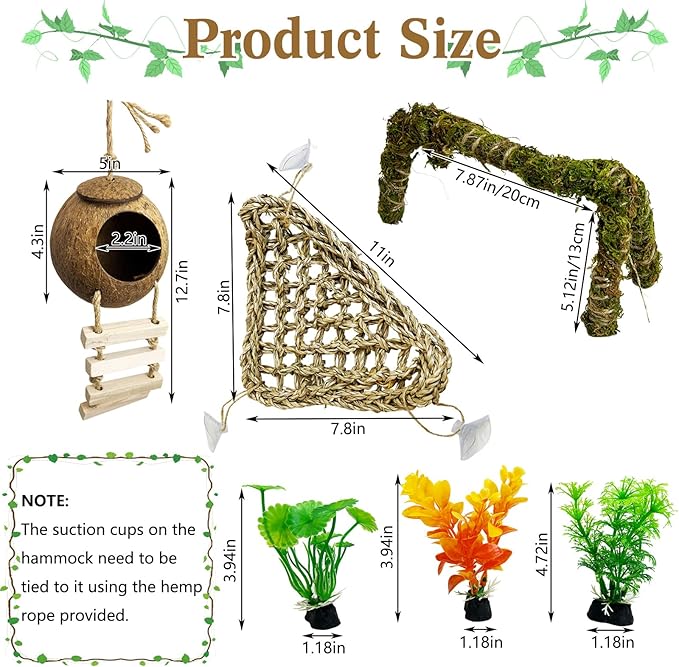 6 PCS Hermit Crab Accessories Set Large Bendable Moss Hermit Crab Climbing Toys Coconut Shell Hut with Ladder Climbing Hammock with Suction Cup Plants for Reptile Amphibian