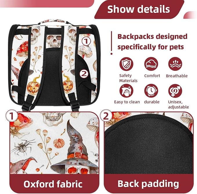 Witch Hat Broom Skull Lollipops Eyes Bones 2 Cat Carrier Backpack,900D Wear-Resistant Oxford Fabric, Dog Carrier Cat Backpacks Suitable for Travel