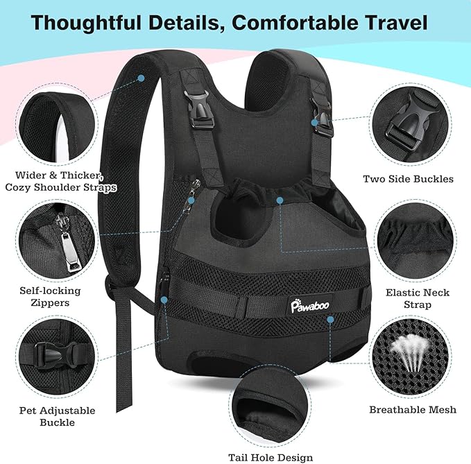 Pawaboo Pet Dog Front Carrier Backpacks, Legs Out Pet Carrier Backpack for Dogs, Adjustable Dog Chest Carriers Purse for Small Medium Dogs Hands Free for Travel Hiking Cycling Camping, S, Black