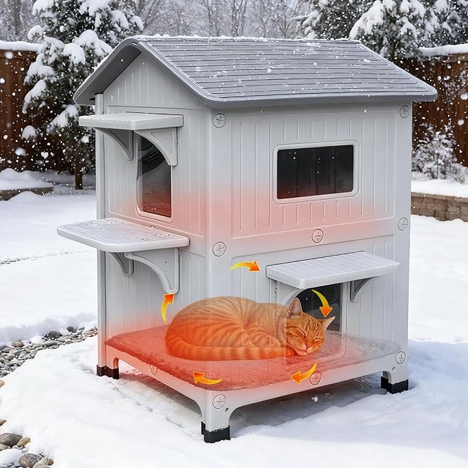 Rockever Plastic Outdoor Cat House with Insulated Liner, 100% Insulated Outdoor Cat Houses for Winter, Waterproof 2 Story Outside Cat Shelter, Clean and Assemble Easily-Grey