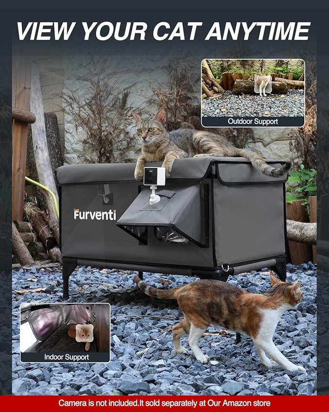 Outdoor Heated Cat House in Winter,Extremely Insulated & Weatherproof,Elevated Feral Cat Shelter with Waterproof Eaves & Escape Door for Outside Stray Barn Cat (Dark Grey, XL)