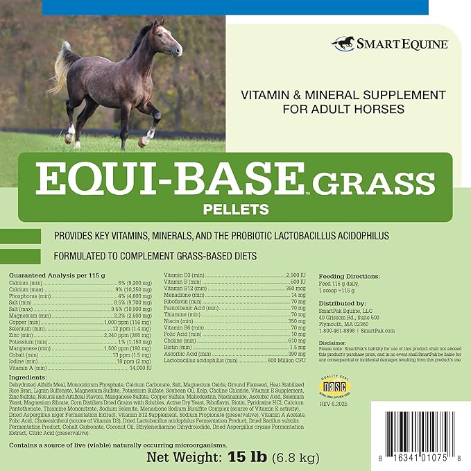 SmartEquine EquiBase Grass Pellets | Horse Vitamins & Minerals Supplement | Forage Balancer | Horses in Light to Moderate Work | 15 lb Bucket
