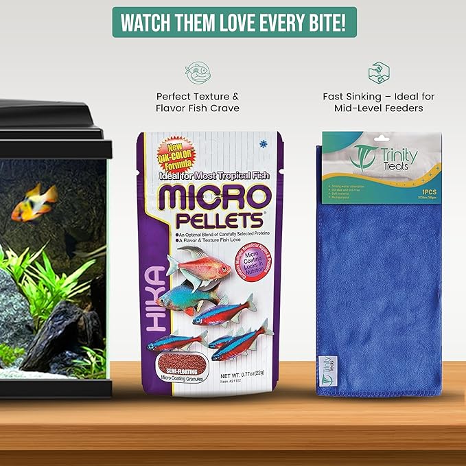 Micro Pallets Fish Food 0.77 oz (Pack of 3) Including Trinity Treats Microfiber Cleaning Cloth(Micro Pallets Fish Food)