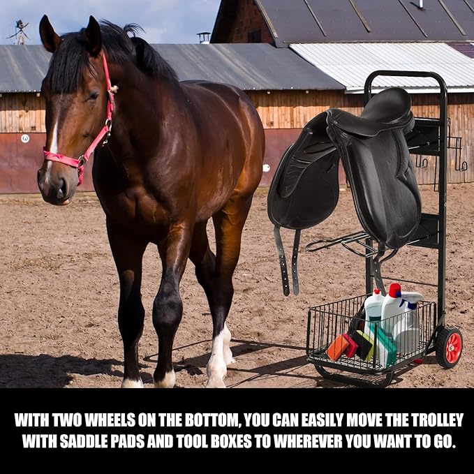 Rolling Saddle Cart with Wheel Saddle Rack Dolly Heavy Duty Horse Equipment Cart Foldable Horse Tack Cart for Storage Moving Organize Transport Supplies(Non Removable Saddle Rack)