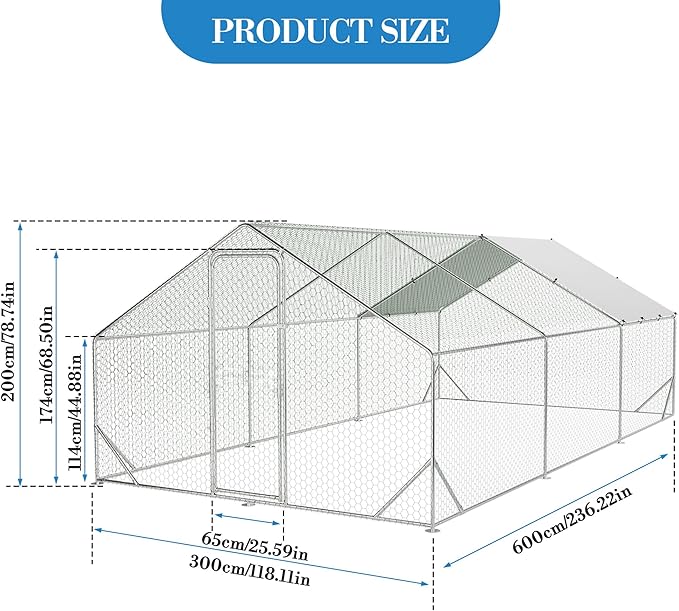 Large Metal Chicken Coop Run,Outdoor Walk-in Cage Peak Hen House with Waterproof and Anti-Uv Cover,Spire Roof Hen House with Security Lock for Outdoor,Backyard and Farm, 9.8 x 19.7 x 6.6 Ft