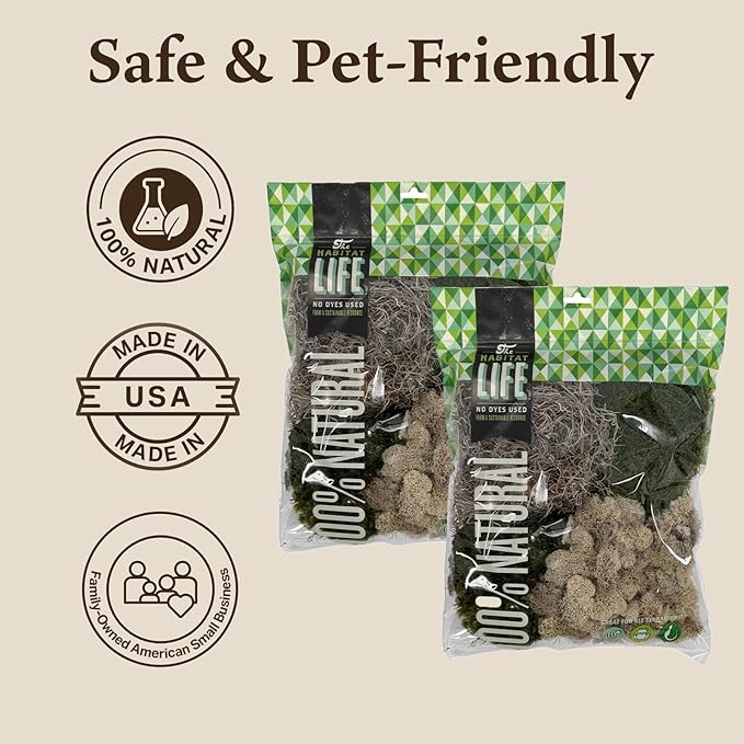 The Habitat Life - Natural Variety Pack - Mix of Reindeer, Mood, Sheet & Spanish Moss - for All Terrariums - Humidity Control - Breathable Bedding - Dye-Free & Safe - Medium - 2 Pack
