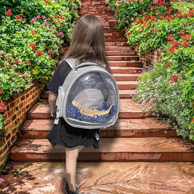 Bearded Dragon Carrier Backpack with Security Printing Harness Set, Reptile Lizard Travel Carrier (Grey, Mommy Harness)