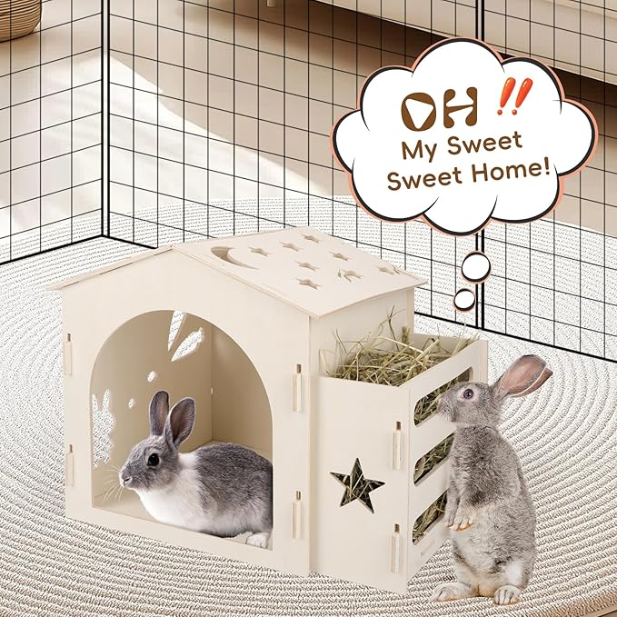 Extra Large Rabbit House & Rabbit Hay Feeder, Indoor Bunny Castle with Feeder, Small Animal Houses & Habitats and Guinea Pig Hay Feeder
