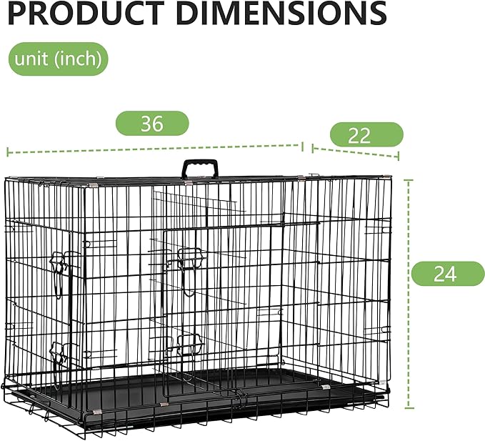 FDW Dog Crate 36-Inch Dog Cage Foldable Metal Kennel with Leakproof Tray Foldable Design Indoor Outdoor Use for Medium Dogs,Dark Black