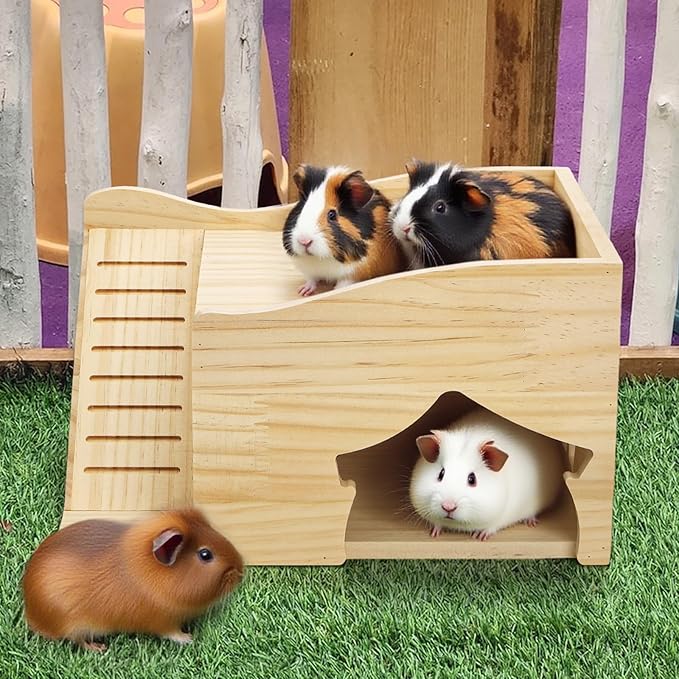 Guinea Pig Wood House, 11.8 x 9.4 x 6.7 Inch Hamster Hideout Castle with Stairs and Window, Small Animals Bed Hut Habitats, Ideal for Chinchillas Dwarf Mice Gerbils Playing Hiding