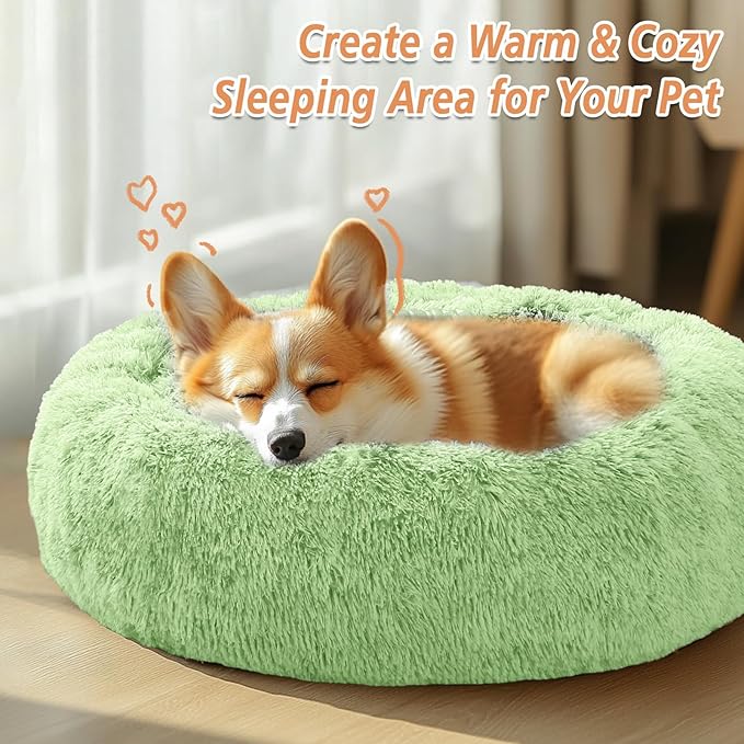 JOLLYVOGUE Medium Calming Dog Bed, Anti-Anxiety Donut Cuddler Cat Bed with Anti-Slip Bottom, Fluffy Faux Fur Machine Washable Pet Cushion for Medium Large Dog & Cat (31")