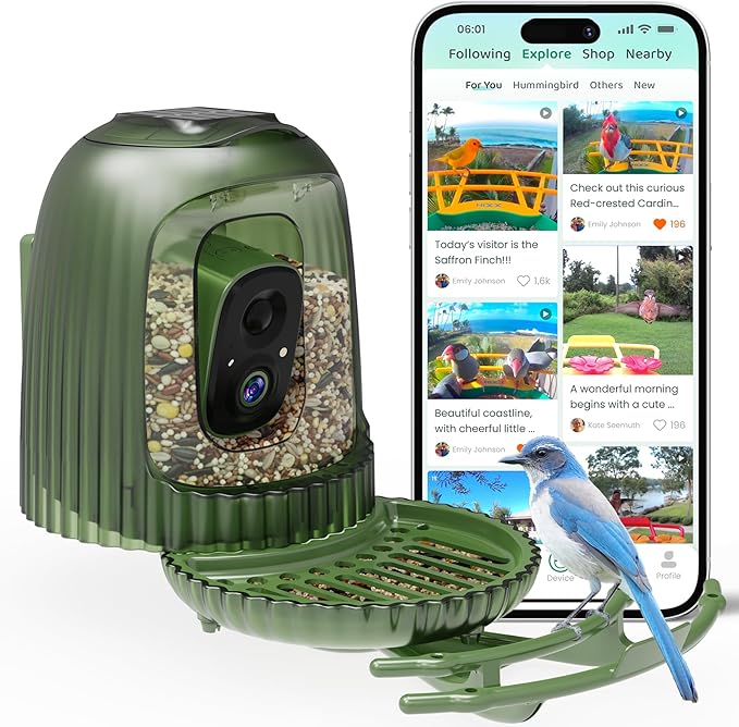 HIXX Smart Bird Feeder with Camera, AI Bird Identifier & 4MP Color Night Vision, Exclusive Vertical View Mode, Squirrel-Deterrent Design, Solar Light for Nature Lovers (White Light)