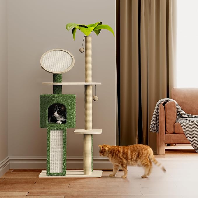 Erinnyees 57" Coconut Cat Tree for Indoor Cats, Multi Level Cat Tower with Plush Condo, Spacious Platform, Sisal-Covered Scratching Posts, Cat Activity Center with Hang Ball Toy, Pet Furniture, Green