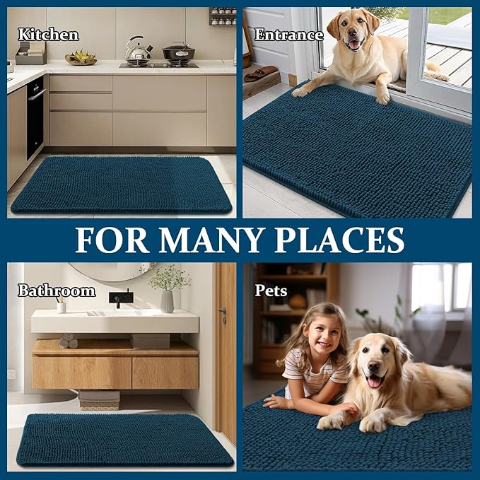 OLANLY Dog Door Mat Set 2-Piece 24x16, Absorbs Moisture and Dirt, Absorbent Non-Slip Washable Doormat, Quick Dry Chenille Mud Mat for Dogs, Entry Indoor Entryway Carpet for Inside Floor, Atlantic Blue