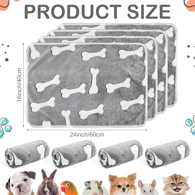 Reginary 4 Pcs Waterproof Guinea Pig Blankets Washable Small Animal Fleece Bedding Absorbent Guinea Pig Cage Liners Reusable Pet Pee Pad Sleep Mat for Hamster Ferret (Gray Bones,24 x 16 Inch)